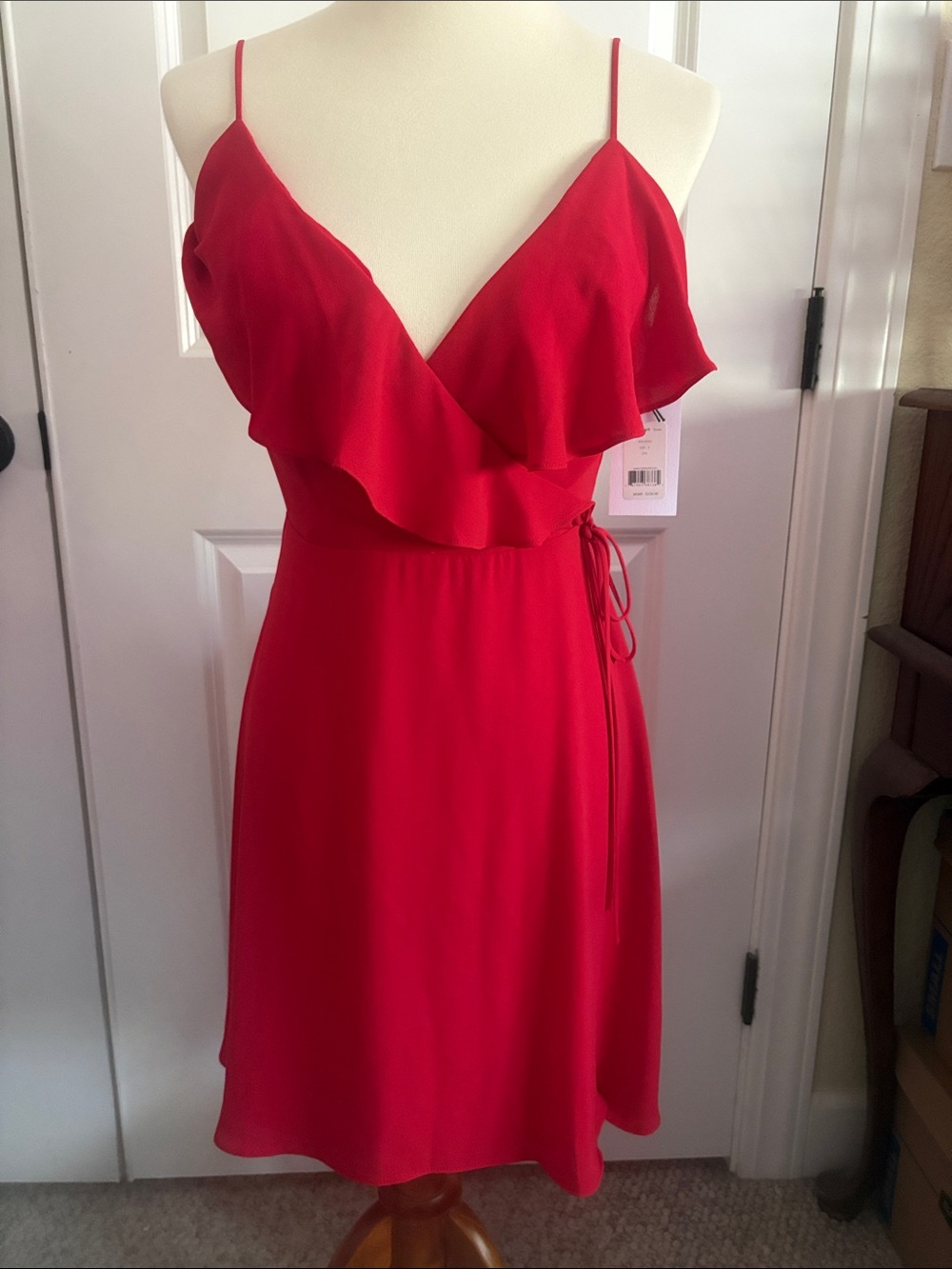 NWT Bailey 44 size 4 red faux wrap dress with ruffle front and adjustable sleeve